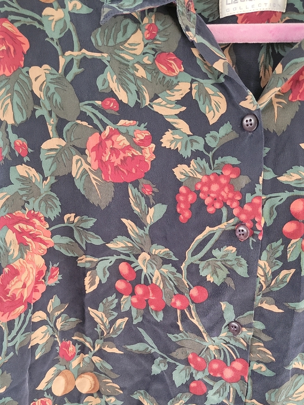 Vintage Liz Claiborne Silk Floral & Fruit Button-Up Shirt Sz 8 - Picture 5 of 8